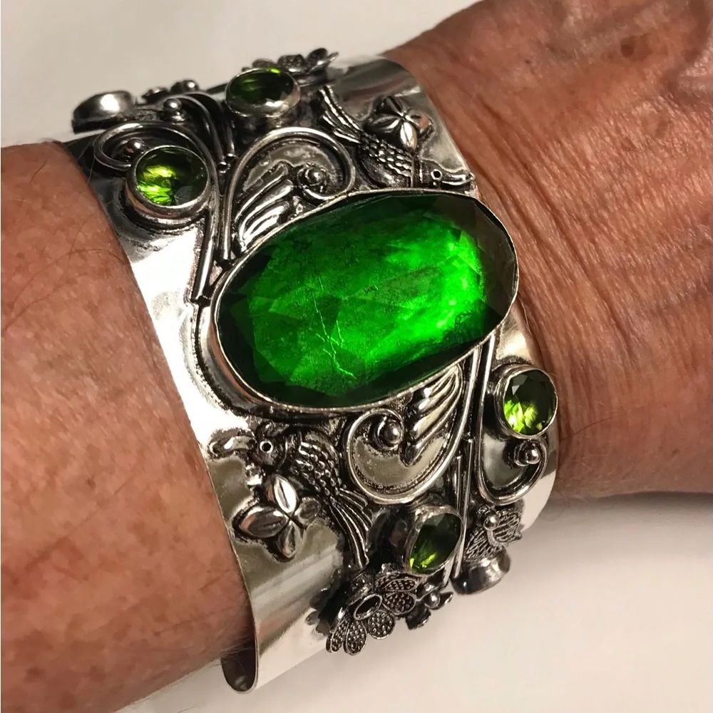 Peridot Stamped Solid 925 Sterling Silver Cuff Bracelet